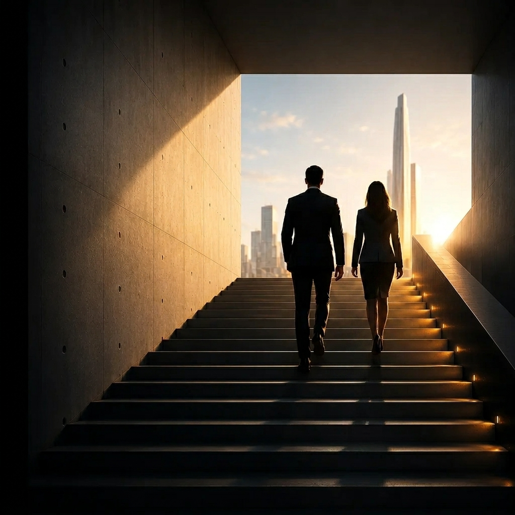 Profesional ascendiendo unas escaleras hacia la luz de una ciudad al amanecer